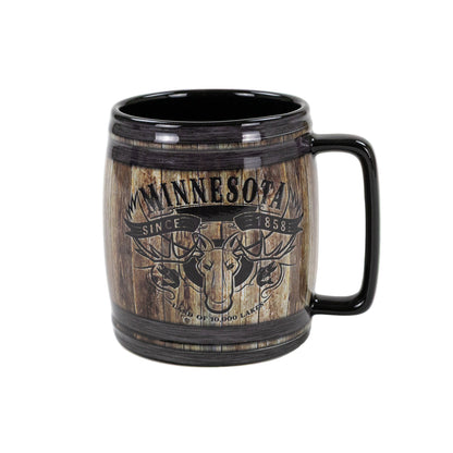 Mug with wooden design and 'Minnesota' text on a white background