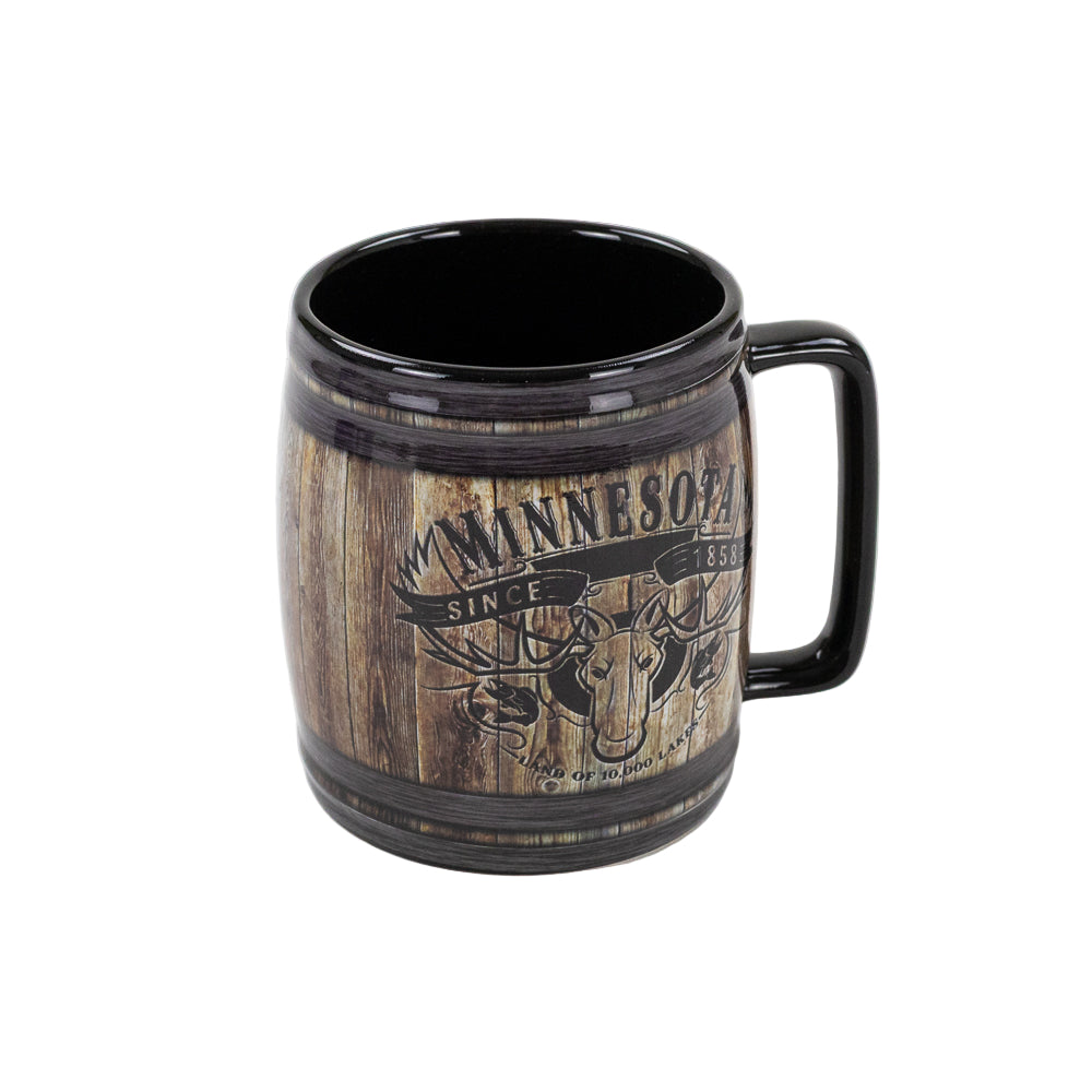 Mug with wooden design and 'Minnesota' text on a white background