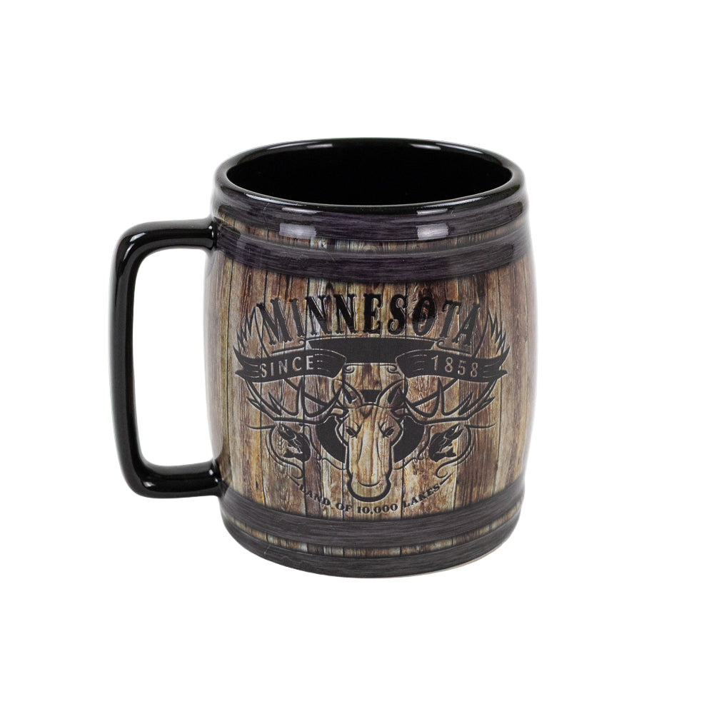 Mug with wooden design and 'Minnesota' text on a white background