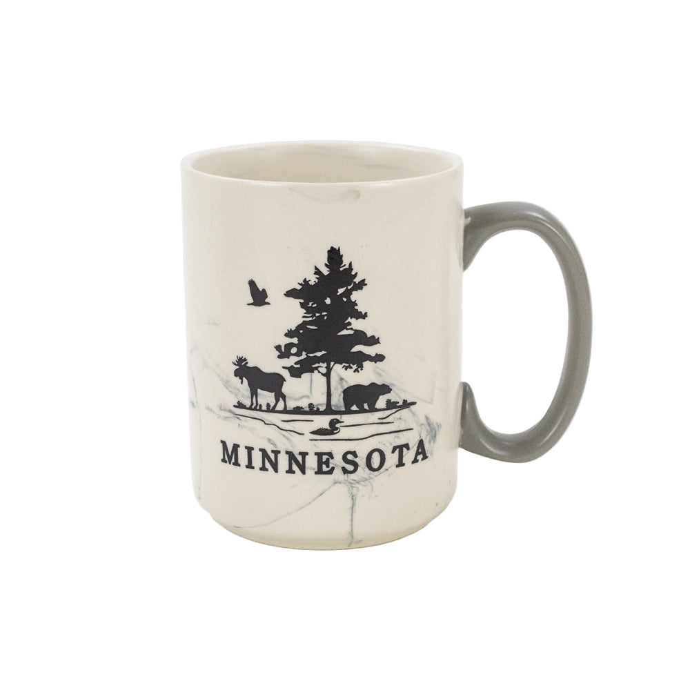 Mug with 'Minnesota' and nature-themed design on a white background