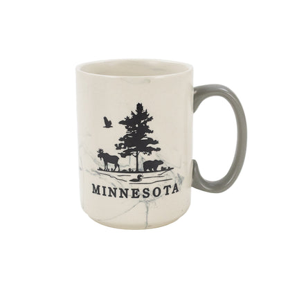 Mug with 'Minnesota' and nature-themed design on a white background