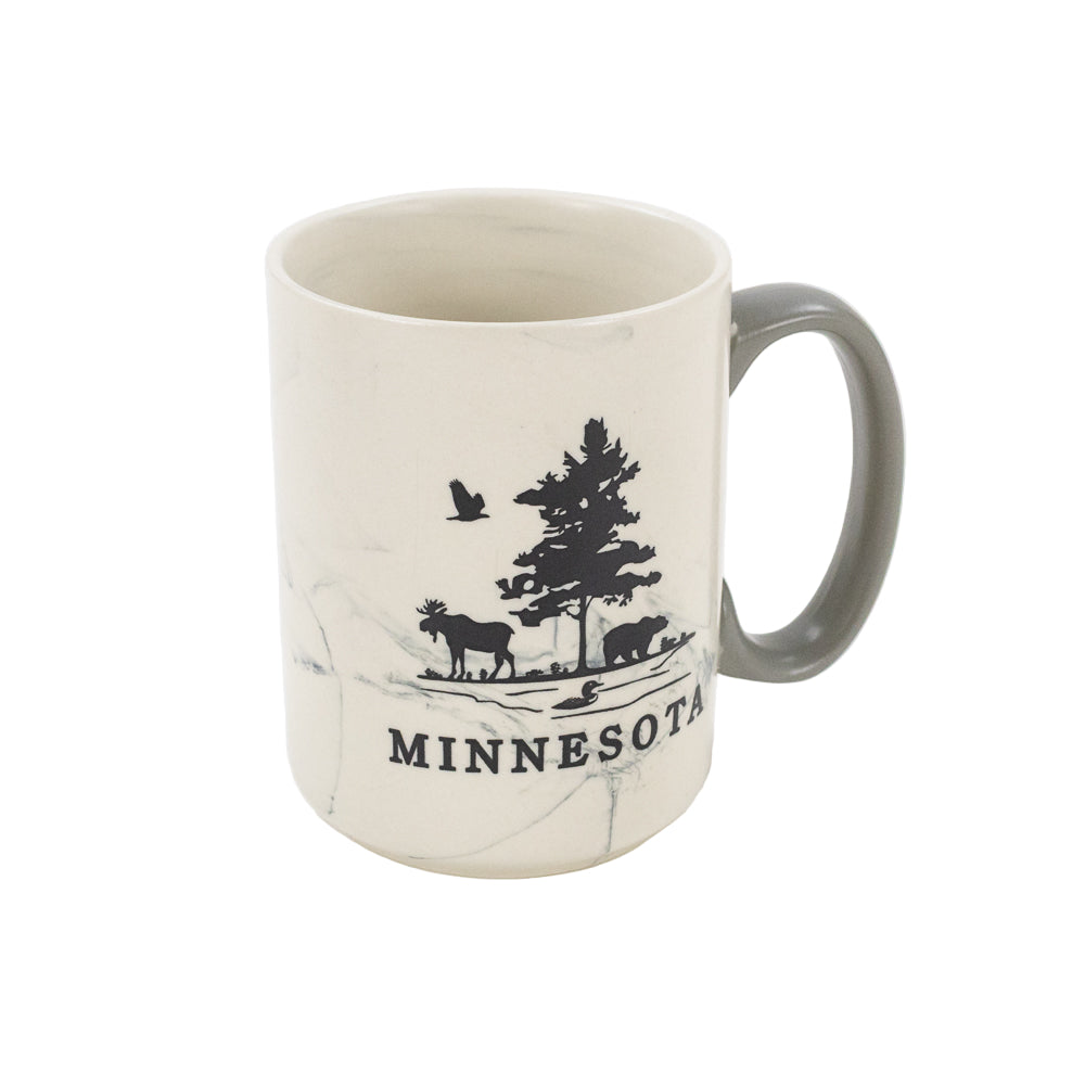 Mug with 'Minnesota' and nature-themed design on a white background

