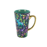 Colorful mug with animal and floral design on a white background
