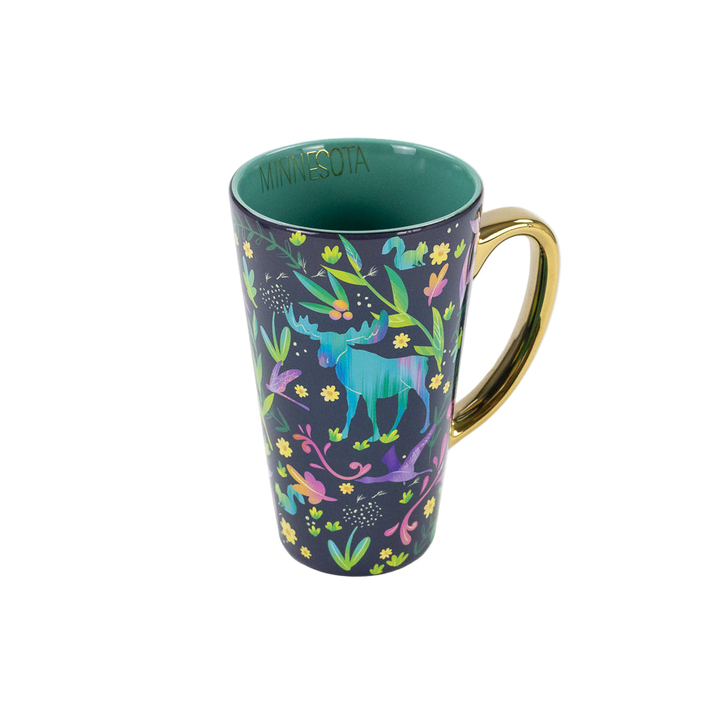 Colorful mug with animal and floral design on a white background