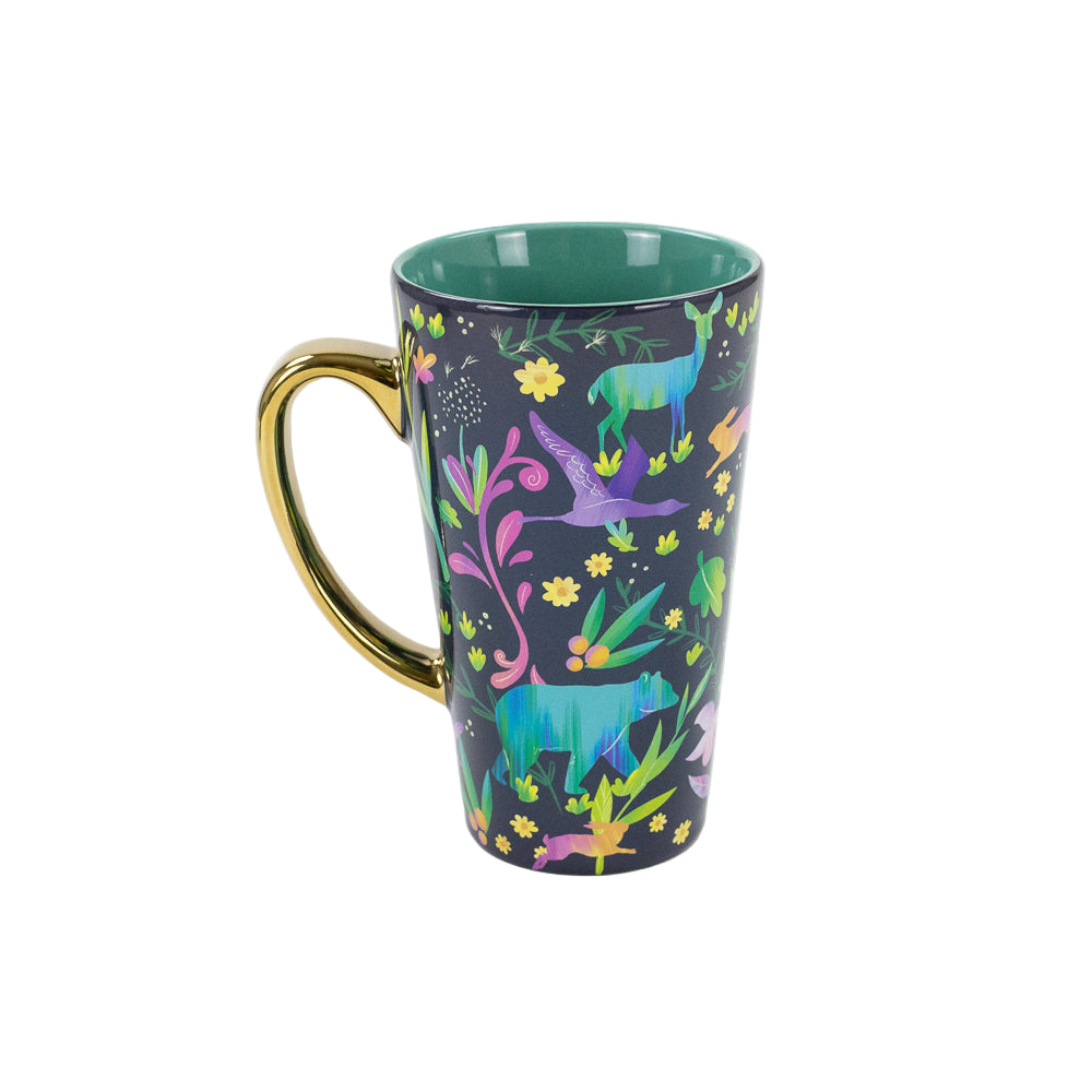 Colorful mug with animal and floral design on a white background