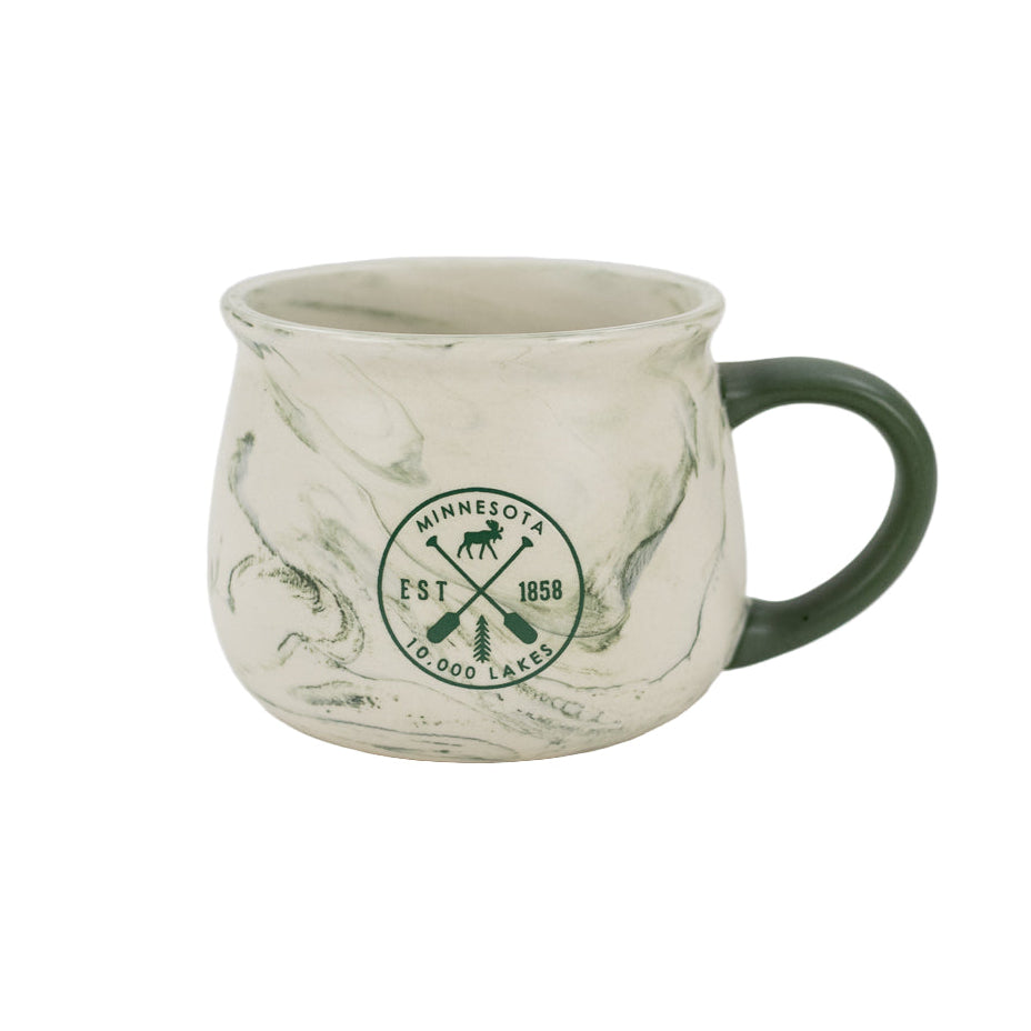 Marble-patterned mug with green handle and Minnesota-themed design on a white background
