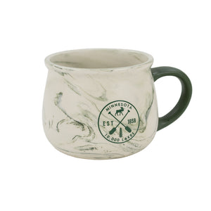 Marble-patterned mug with green handle and Minnesota-themed design on a white background