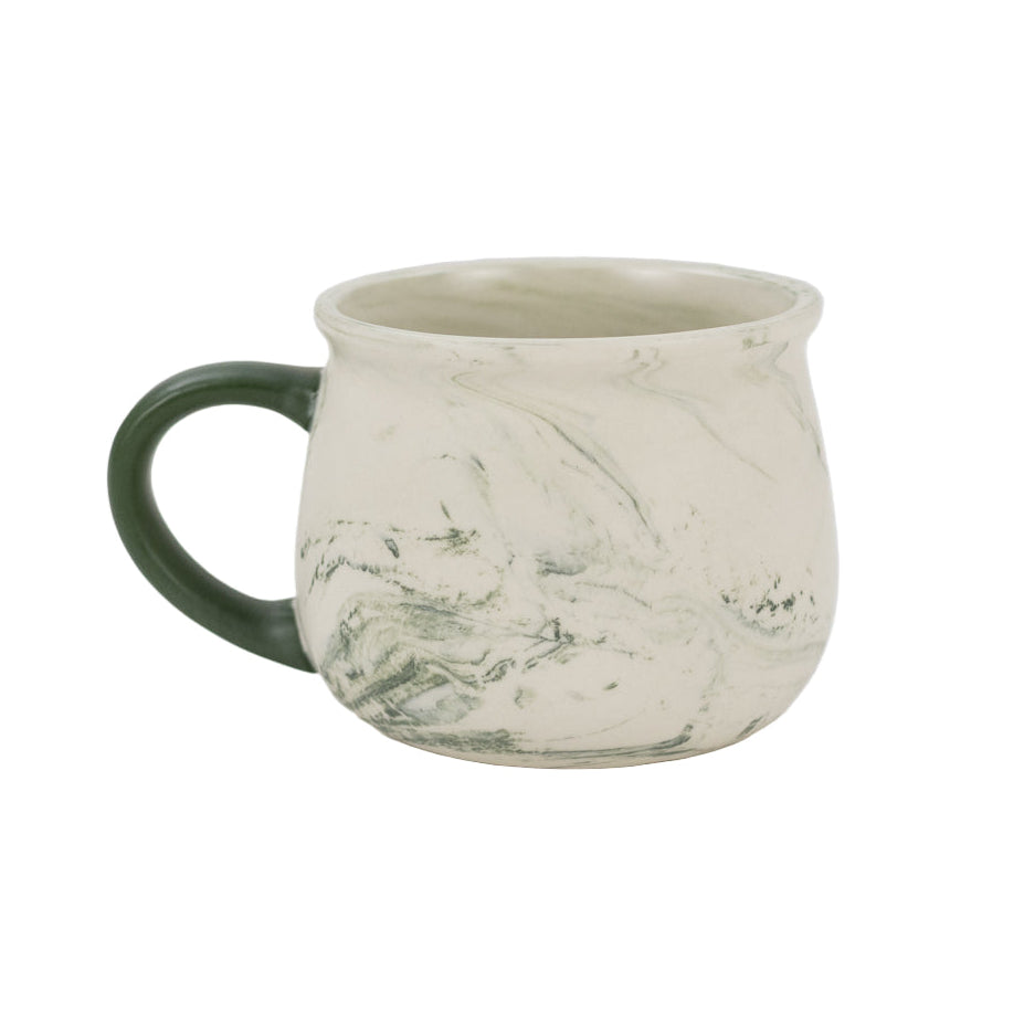 Marble-patterned mug with green handle and Minnesota-themed design on a white background