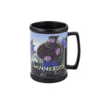 A black stein-style mug with a scene of Paul Bunyan and Babe the Blue Ox, set against a white background.