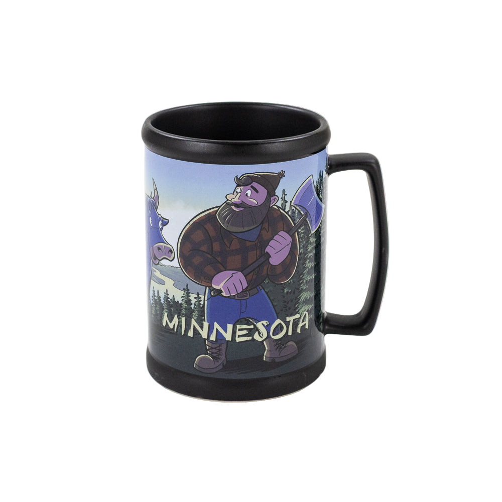 A black stein-style mug with a scene of Paul Bunyan and Babe the Blue Ox, set against a white background.