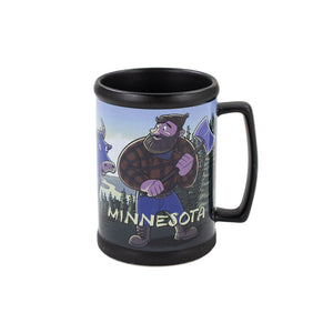 A black stein-style mug with a scene of Paul Bunyan and Babe the Blue Ox, set against a white background.