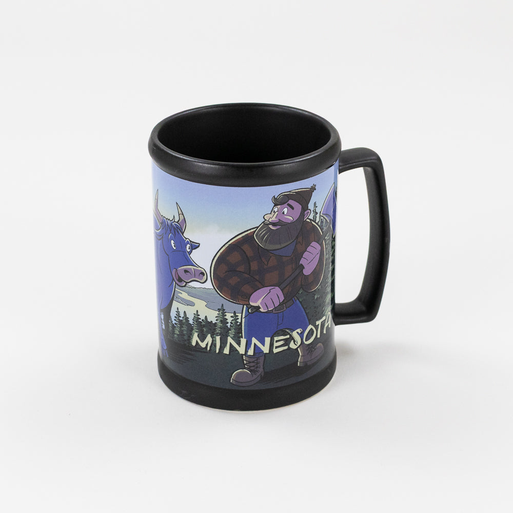 A black stein-style mug with a scene of Paul Bunyan and Babe the Blue Ox, set against a white background.