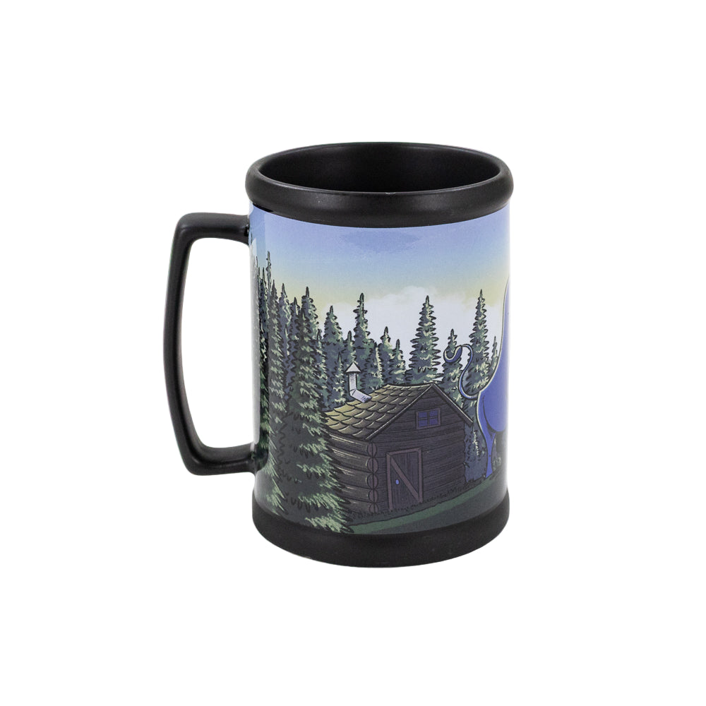 A black stein-style mug with a scene of Paul Bunyan and Babe the Blue Ox, set against a white background.