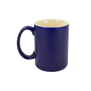 The backside of a blue mug with handle against a white background.