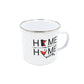 White mug with 'Home away from home' text and design on a white background