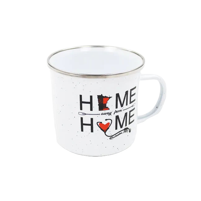 White mug with 'Home away from home' text and design on a white background