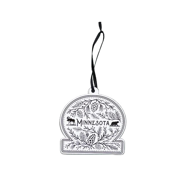 Decorative ornament with 'Minnesota' text and nature-themed design on a white background