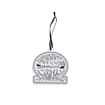 Decorative ornament with 'Minnesota' text and nature-themed design on a white background