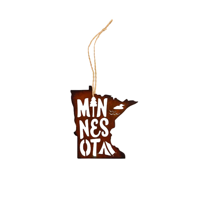 Decorative ornament shaped like the state of Minnesota with 'MINNESOTA' text on a white background.