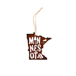 Decorative ornament shaped like the state of Minnesota with 'MINNESOTA' text on a white background.