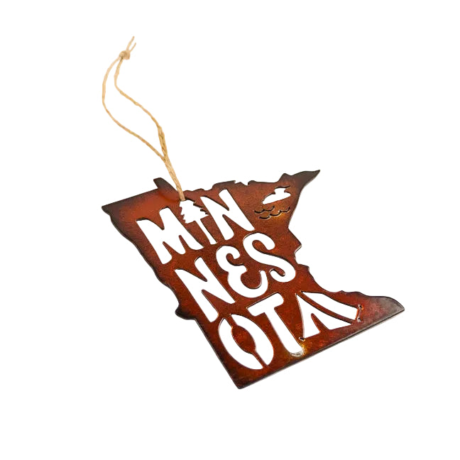 Decorative ornament shaped like the state of Minnesota with 'MINNESOTA' text on a white background.
