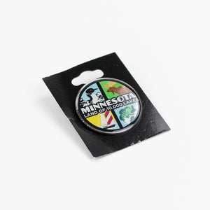 Minnesota state emblem pin on a black card with a white background