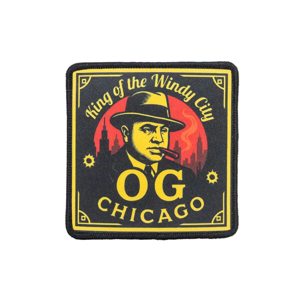 Patch with a stylized illustration of a man in a hat and cigar, text 'King of the Windy City', 'OG Chicago' on a black background.