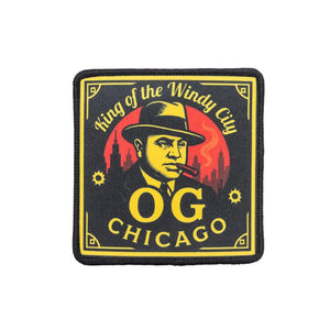 Patch with a stylized illustration of a man in a hat and cigar, text 'King of the Windy City', 'OG Chicago' on a black background.