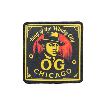 Patch with a stylized illustration of a man in a hat and cigar, text 'King of the Windy City', 'OG Chicago' on a black background.