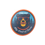 Circular patch with a bear wearing sunglasses and a mustache, text 'Chicago My Kind of Town', on a white background.