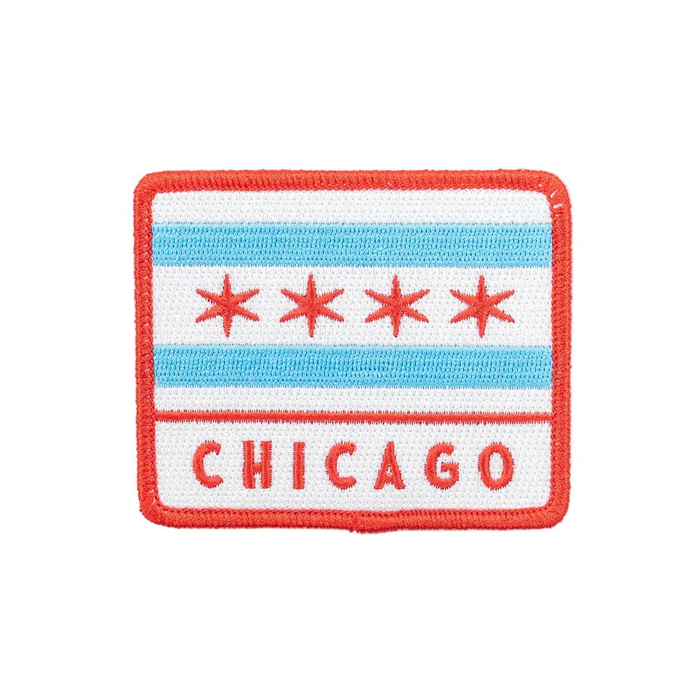 Embroidered patch with Chicago flag design on a white background