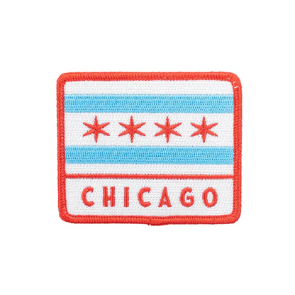 Embroidered patch with Chicago flag design on a white background