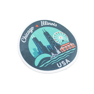Circular sticker with Chicago and Illinois design on a white background