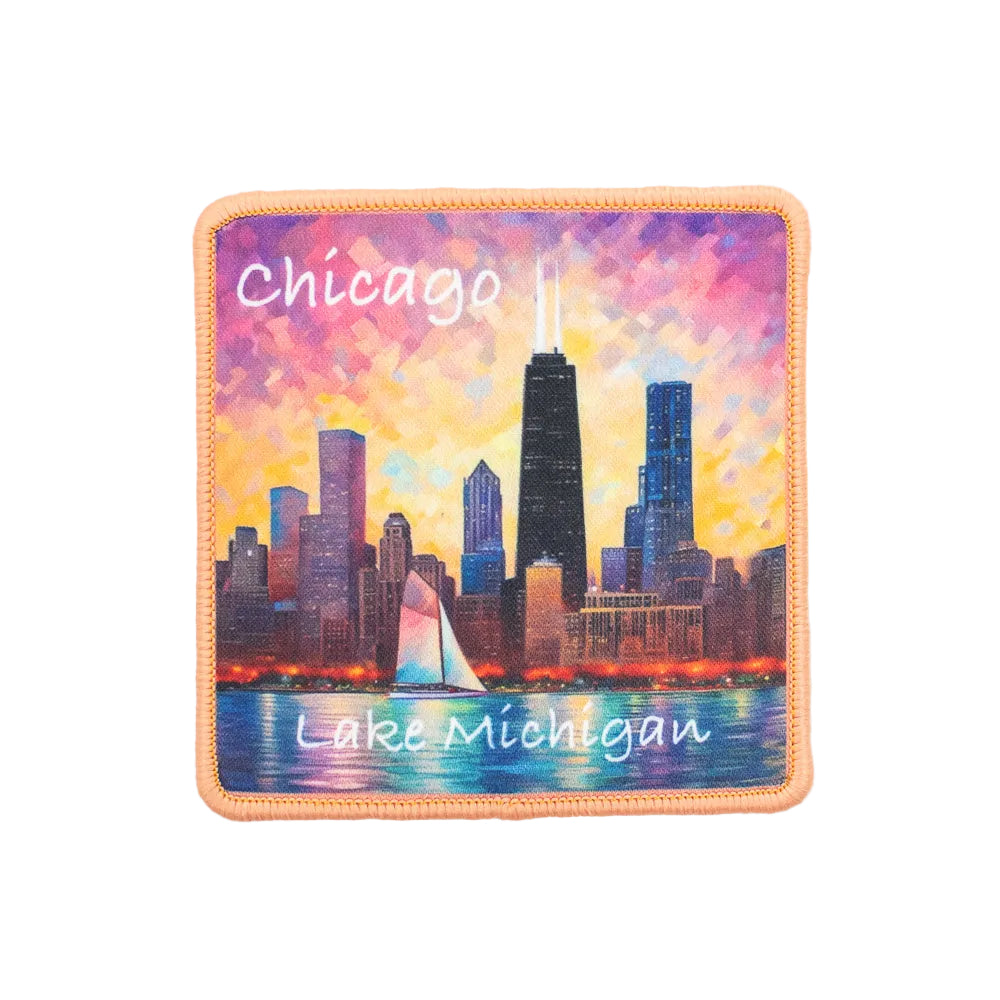Patch with Chicago skyline and Lake Michigan design on a colorful background
