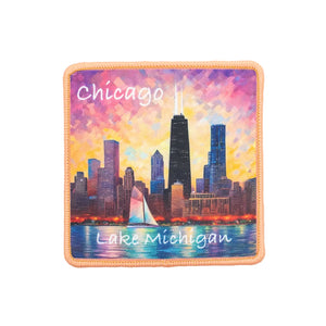 Patch with Chicago skyline and Lake Michigan design on a colorful background