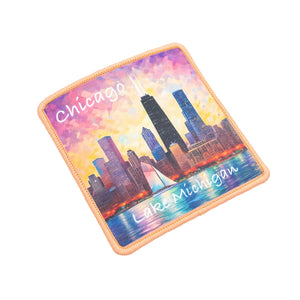 Patch with Chicago skyline design on a white background