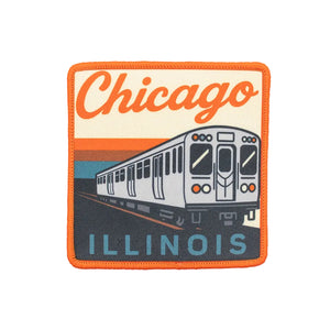 Patch with a train design and 'Chicago Illinois' text on a white background