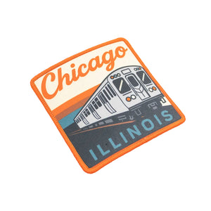 Patch with 'Chicago Illinois' text and train design on a white background