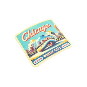 Colorful patch with 'Chicago' and 'Windy City' text with the Bean sculpture on a white background