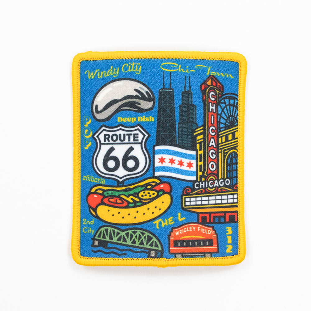Patch with Chicago-themed designs including Route 66, hot dog, and skyline on a blue background.