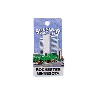 Souvenir patch of Rochester, Minnesota with cityscape design on a white background