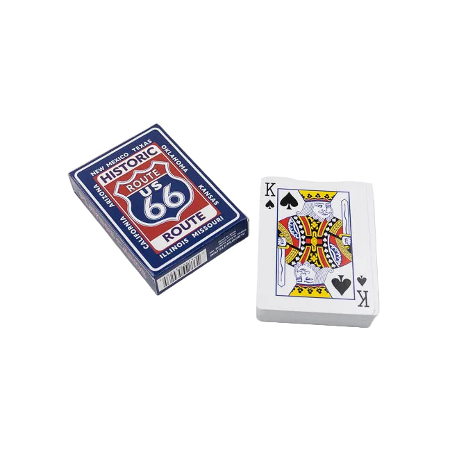 Playing cards with King of Spades and Route 66 box on a white background