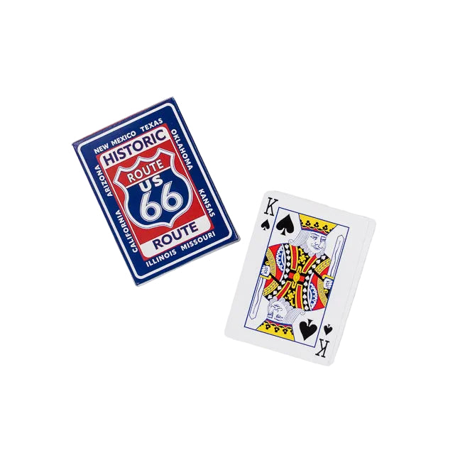 Playing card box with Route 66 design and a playing card featuring King of Spades on a white background