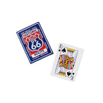 Playing card box with Route 66 design and a playing card featuring King of Spades on a white background