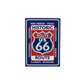 A deck of cards with a red, white and blue Route 66 design against a white backdrop.