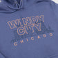 Blue hoodie with 'Windy City Chicago' text and skyline design