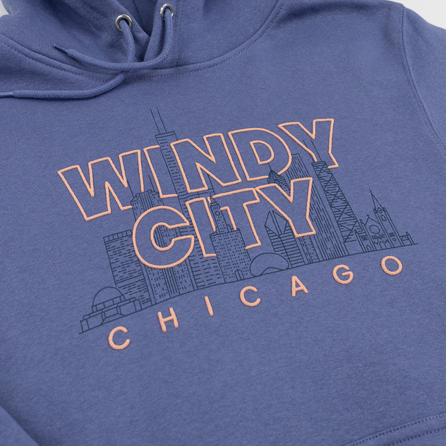 Blue hoodie with 'Windy City Chicago' text and skyline design
