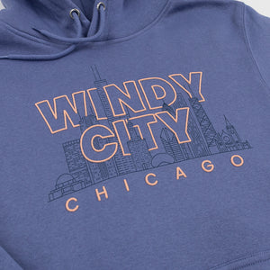 Blue hoodie with 'Windy City Chicago' text and skyline design