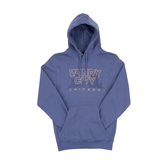 Blue hoodie with 'Windy City Chicago' text on a white background
