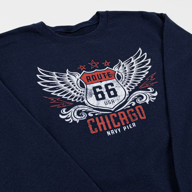 Navy blue sweatshirt with Route 66 and Chicago design on a white background